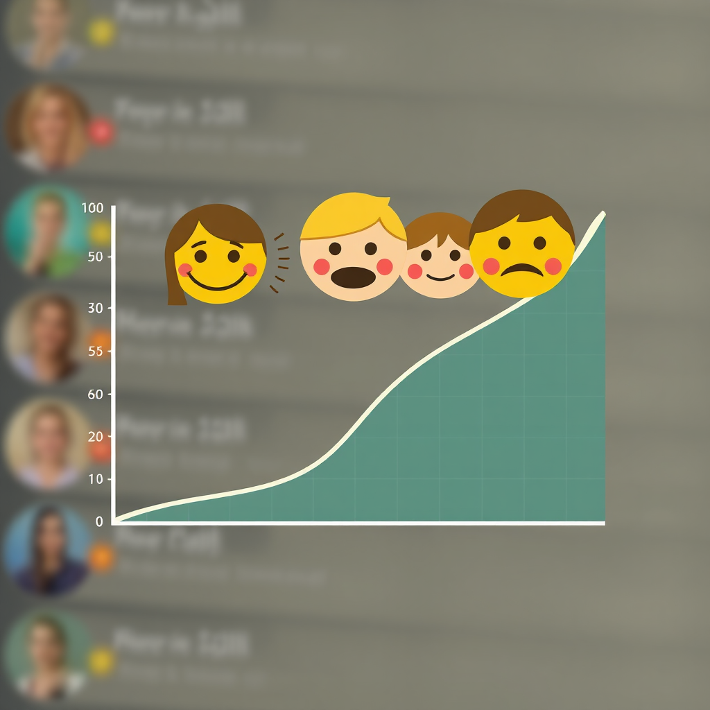 A stylized image showing a graph with emotional faces at different points. The graph represents customer sentiment towards a brand. The background is a blurred image of a social media feed, symbolizing customer feedback. The color palette uses a mix of greens, yellows, and reds to convey positive, neutral, and negative sentiment. Style reference: Incorporate elements of data visualization and psychology. Technical specs: 4K resolution, high-quality rendering, digital art.