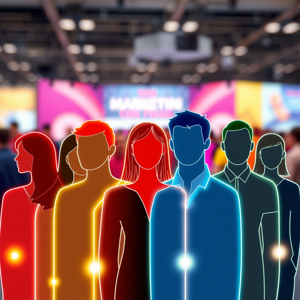 A stylized image showing a group of diverse people separated into distinct groups by glowing lines. Each group represents a different customer segment. The background is a blurred image of a marketing conference, symbolizing customer engagement. The color palette uses a mix of vibrant colors to represent diversity and segmentation. Style reference: Incorporate elements of data visualization and abstract art. Technical specs: 4K resolution, high-quality rendering, digital art.