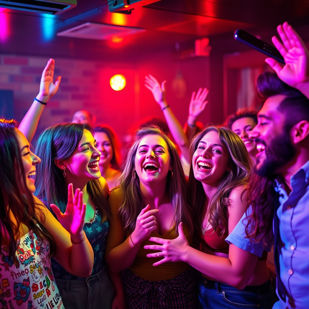 A vibrant and energetic image of a group of people enjoying the 60's, 70's, 80's, 90's, music theme party session. People should be laughing and cheering each other on. Colorful lighting. Style: Energetic, dynamic, and inclusive.