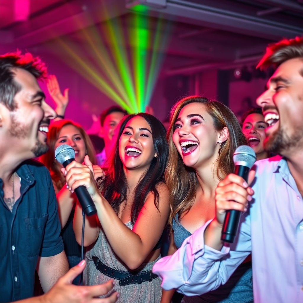 A vibrant and energetic image of a group of people enjoying a karaoke session. People should be laughing and cheering each other on. Colorful lighting. Style: Energetic, dynamic, and inclusive.