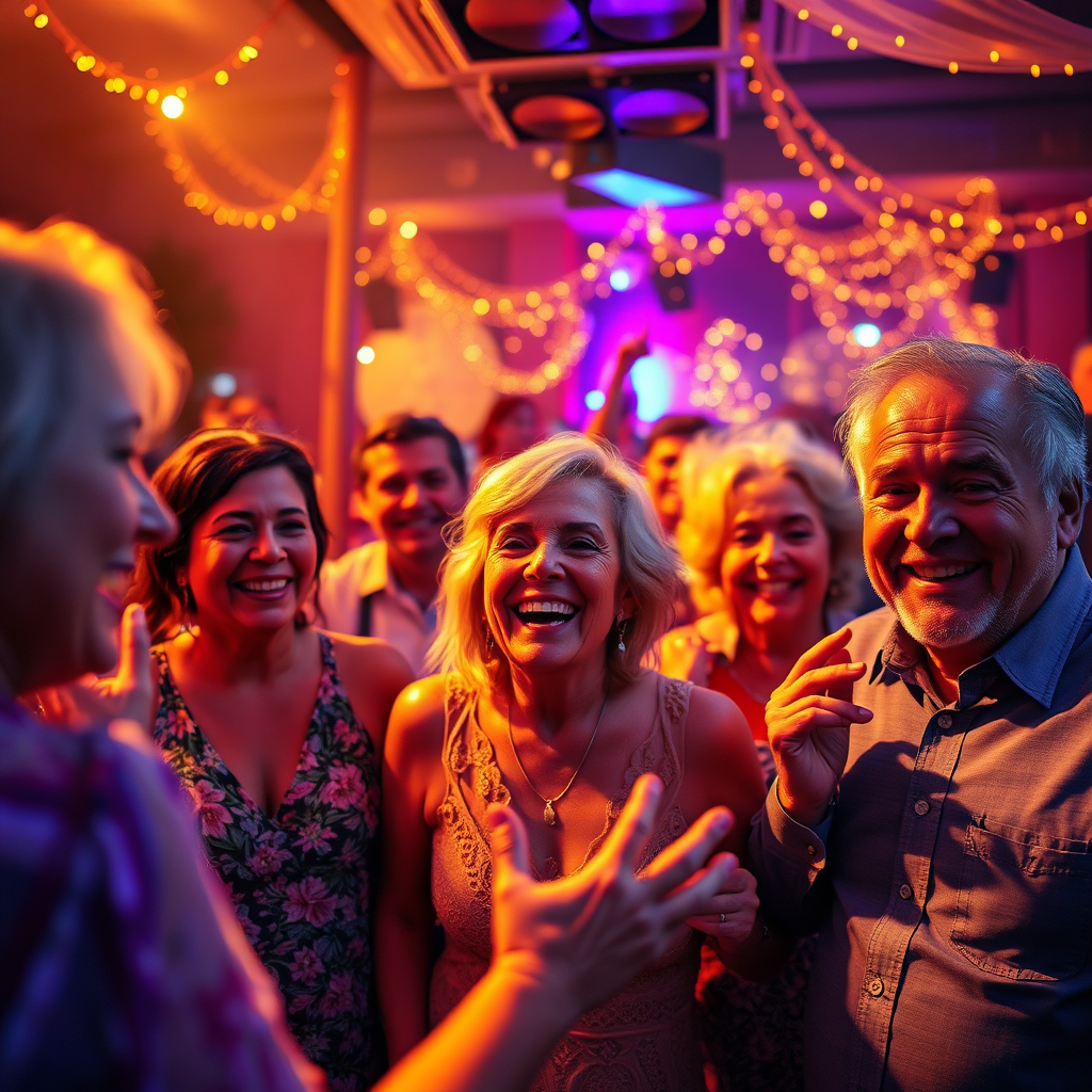 Create a 4K, photorealistic image that captures the essence of Mobile D. J. Services. The image should feature a diverse group of people of different ages (representing 40th, 50th, 60th+ birthday celebrations, wedding, Corporate environment) joyously celebrating at an event, bathed in warm, inviting light. In the background, subtly show DJ equipment suggesting the unseen DJ at work. Ensure there is a sense of celebration and inclusivity. The colour palette should be warm and inviting, dominated by golds, purples and blues. The overall style should be realistic, yet with a touch of magic to evoke the joy of a perfectly executed event. Lighting needs to be soft, but vibrant and celebratory. The camera should be set at eye-level, focusing on the participants expressions. Environment: a generic party space.