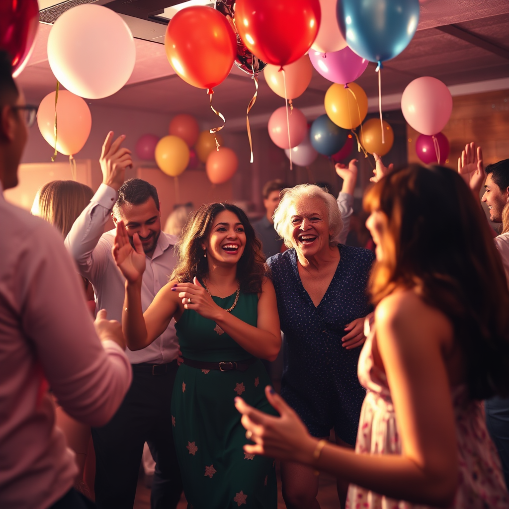 Create a photorealistic image of a milestone birthday party (e.g., 50th birthday). Show people dancing and laughing. Include balloons and decorations. The lighting should be warm and festive. Style: Photorealistic and joyful, capturing the energy of a milestone birthday party.