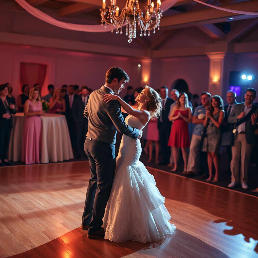 Create a photorealistic image of a wedding reception, focusing on the dance floor. Show a newlywed couple sharing their first dance, surrounded by guests. The lighting should be soft and romantic. Style: Photorealistic and romantic, capturing the magic of a wedding reception.