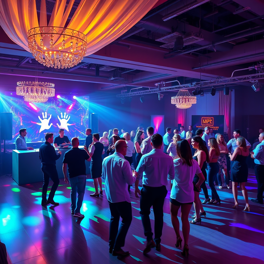 Create a photorealistic image of a corporate event, featuring a DJ booth and a dance floor. Show employees dancing and networking. The lighting should be professional and upbeat. Style: Photorealistic and professional, capturing the energy of a corporate event.