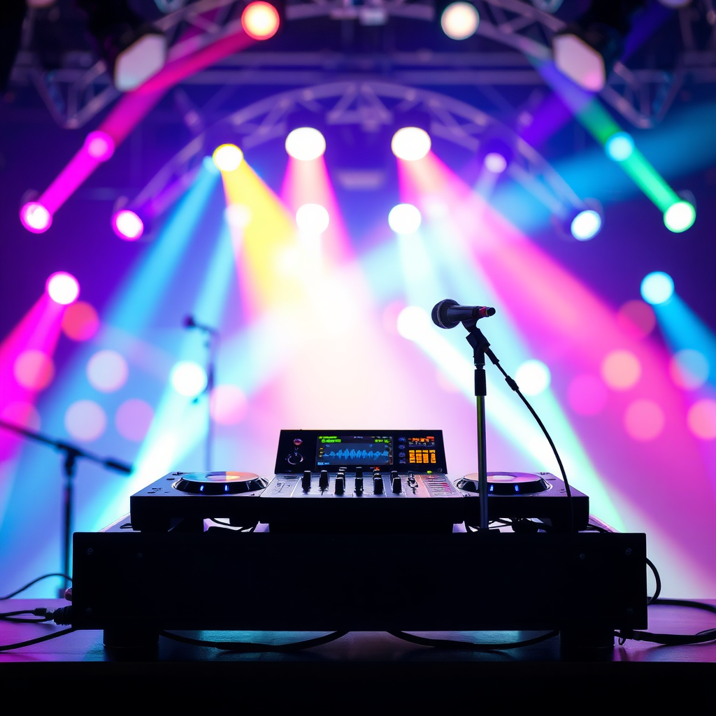 Create a stylized image featuring a DJ setup seamlessly integrated with a karaoke system. The background should display a variety of colorful lighting effects. Focus on the modern, clean design of the equipment. Style: Modern, vibrant, and slightly abstract, emphasizing the integration of different entertainment elements. Lighting should be dynamic and colourful. Camera should be close to the action.