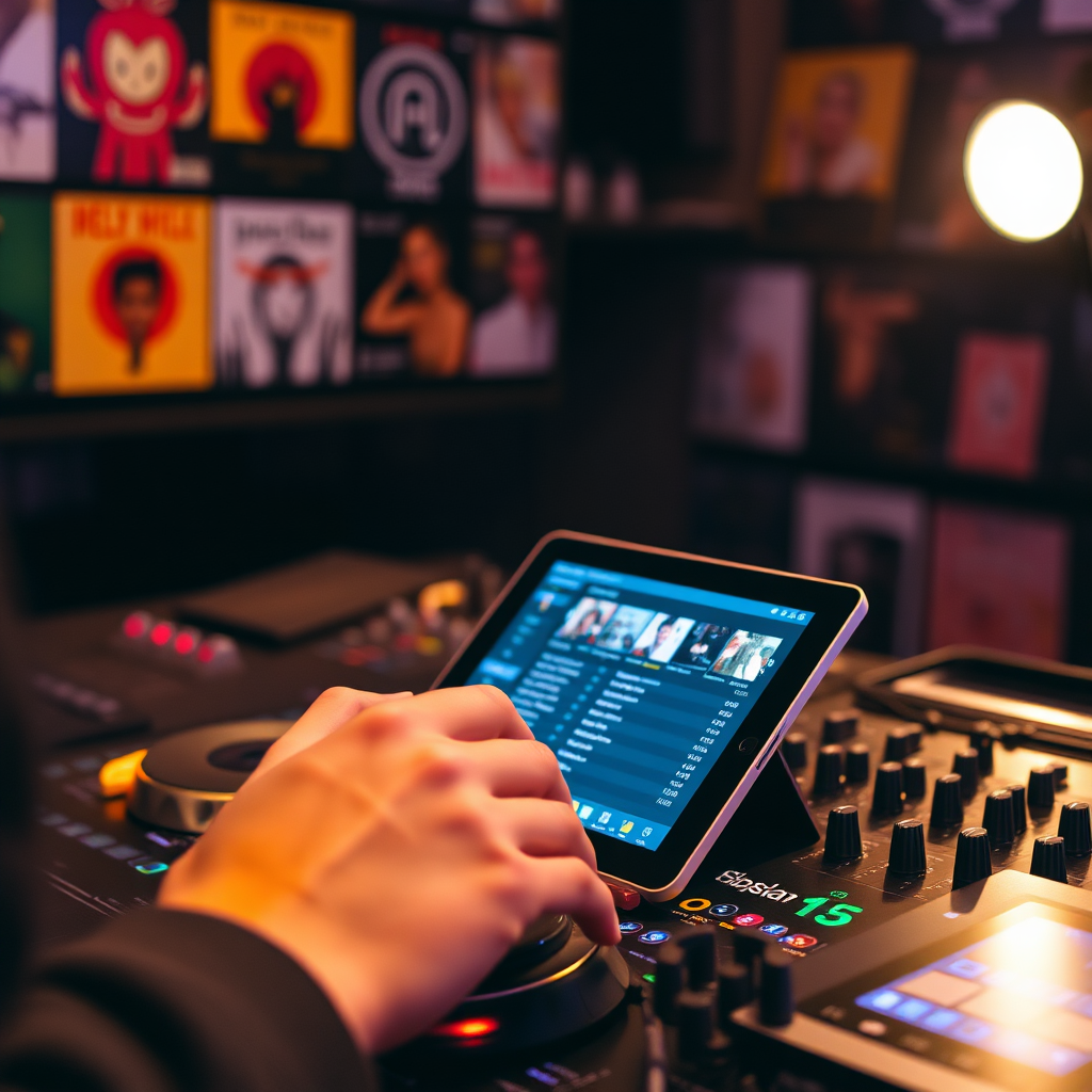Create an image of a DJ booth, focusing on the music selection process. Show the DJ carefully selecting tracks on a tablet or laptop, with a diverse range of music genres represented visually through album art. Style: Clean, modern, and professional, emphasizing the DJ's expertise and attention to detail. Lighting: warm and inviting. Camera angle: Focused on the DJ's hands and screen.