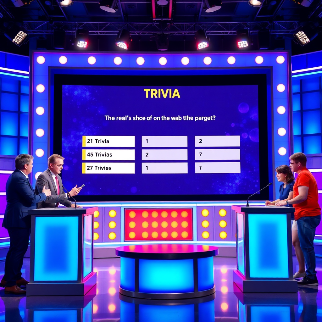 Create an image of a game show setup, featuring a host, contestants, and a large screen displaying trivia questions. Show the contestants engaging in the game. The lighting should be bright and energetic. Style: Fun, interactive, and competitive.