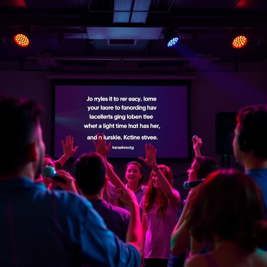Image of a group of people enthusiastically singing karaoke. Show the lyrics displayed on a screen and the karaoke host encouraging the singers. Include colorful lighting and microphones.