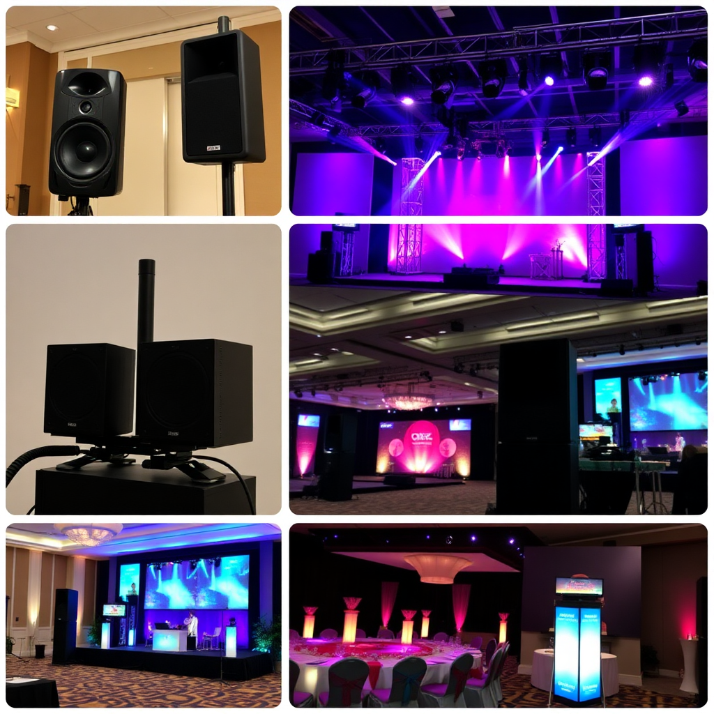 Image showcasing various event production elements, such as speakers, lighting fixtures, stage setup, and event decorations. Focus on the professional quality and seamless integration of the equipment. Show a well-organized and visually appealing event setup.