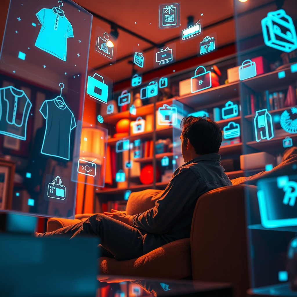 A hyperrealistic, 8K resolution image depicting a vibrant and bustling online marketplace. The scene should blend the real world with digital interfaces. Imagine a person sitting comfortably at home, surrounded by holographic projections of various products – clothing, electronics, home goods. The products appear almost tangible, floating in the air with subtle particle effects. The lighting is warm and inviting, with soft glows emanating from the holographic displays. The color palette should be rich and diverse, reflecting the wide variety of goods available. A low camera angle emphasizes the immersive nature of the online shopping experience. Include subtle details like the texture of the person's clothing, the reflections on the holographic displays, and the intricate designs of the virtual products. The overall style should be modern and futuristic, drawing inspiration from concept art and sci-fi visualizations, but grounded in a sense of realism.