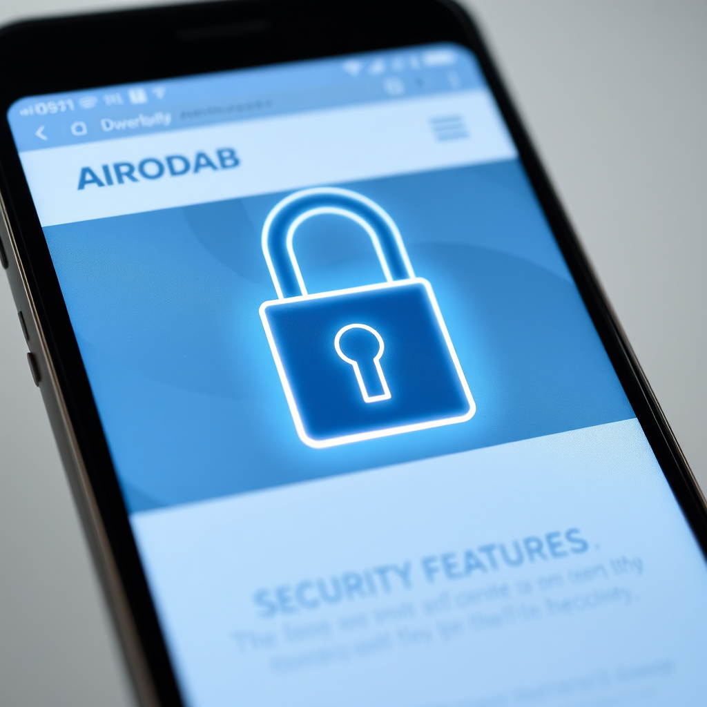  A photorealistic image of a digital lock icon superimposed on a smartphone screen displaying the AIRODAB website. The lock should appear sleek and modern, with a subtle glowing effect. The background should be clean and minimalist, with a soft gradient of blue and grey. The lighting should be focused and intentional, highlighting the lock icon and the security features of the website. The camera angle should be close-up, emphasizing the importance of security and trust. The overall style should be professional and reassuring, conveying a sense of safety and reliability.