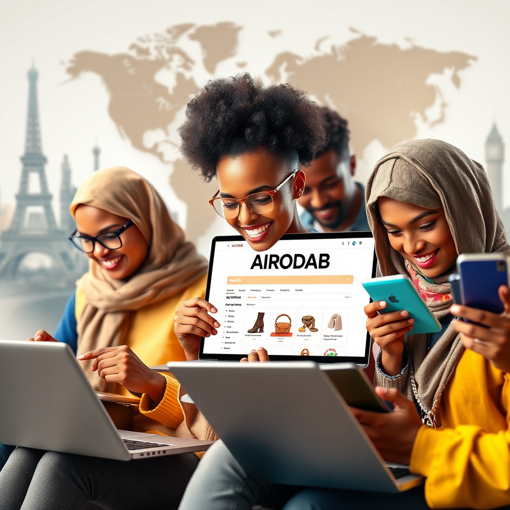  A photorealistic image of a diverse group of people from different countries, all using laptops and smartphones to browse AIRODAB's online store. The background subtly blends iconic landmarks from around the world. The lighting should be soft and natural, creating a warm and inviting atmosphere. The color palette should be vibrant and inclusive, reflecting the diversity of the global community. The camera angle should be wide, capturing the interconnectedness of the individuals and the global marketplace. Aim for an image that conveys accessibility, inclusivity, and convenience.