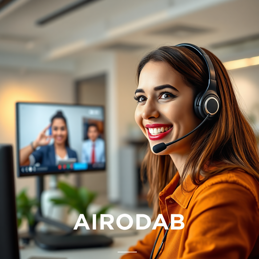 A photorealistic image of a friendly customer service representative wearing a headset. They are smiling and assisting a customer through a video call. The background is a clean and modern office environment, subtly branded with the AIRODAB logo. The lighting is warm and inviting. The image conveys a sense of helpfulness and accessibility.