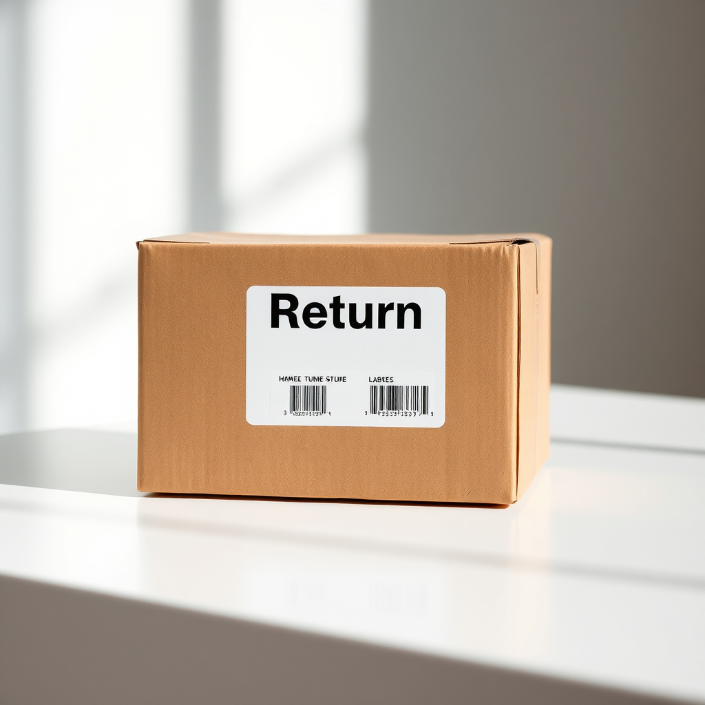 A photorealistic image of a neatly packaged box with a clear return label, sitting on a clean, minimalist surface. Soft, diffused lighting illuminates the scene. The color palette is neutral and reassuring. A close-up shot emphasizes the ease and convenience of the return process. The image conveys a sense of trust and customer satisfaction.