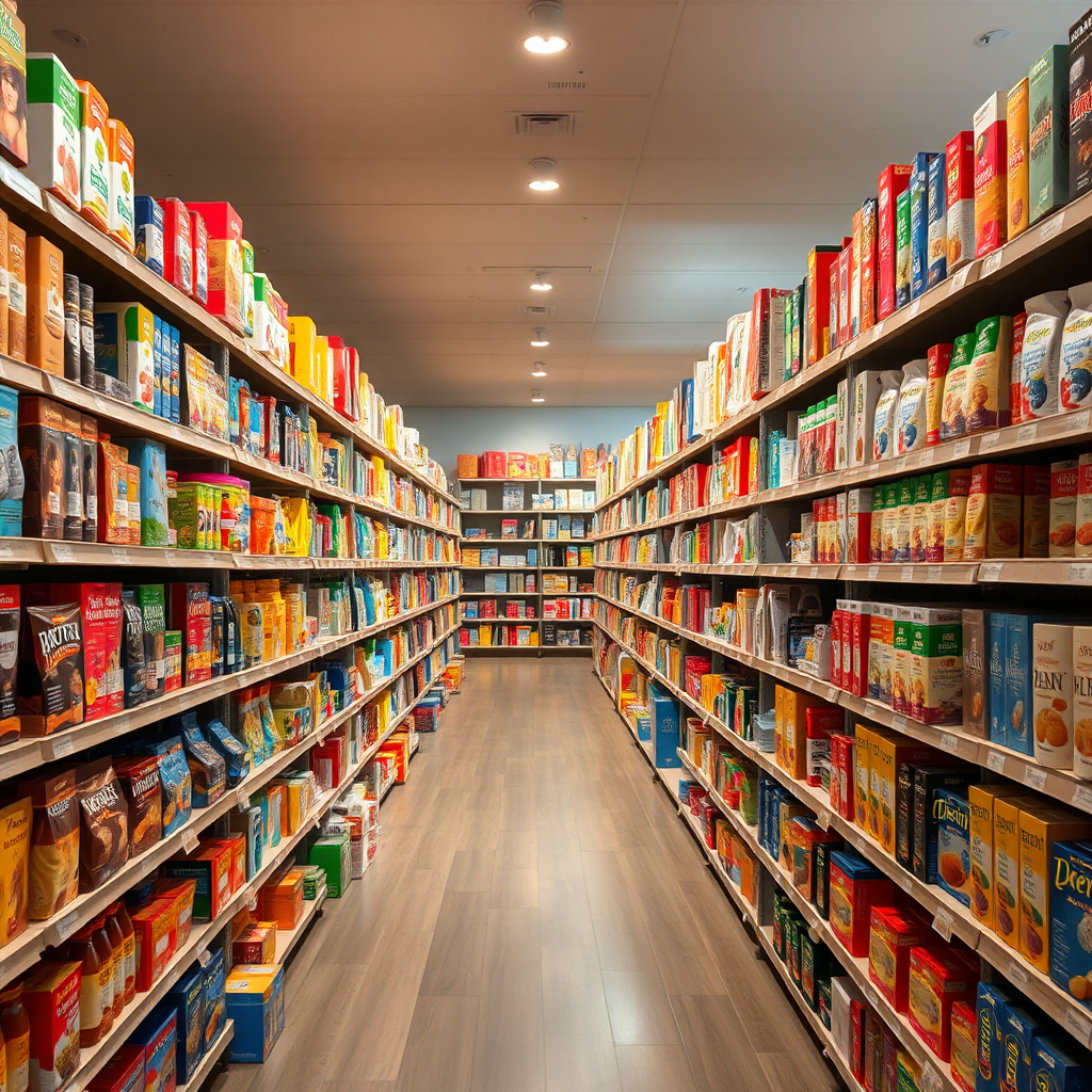 A photorealistic image of shelves stretching into the distance, filled with diverse products. The lighting is soft and even, highlighting the variety of items. The color palette is rich and inviting. A wide-angle shot emphasizes the vastness of the selection. The image conveys a sense of abundance and choice.