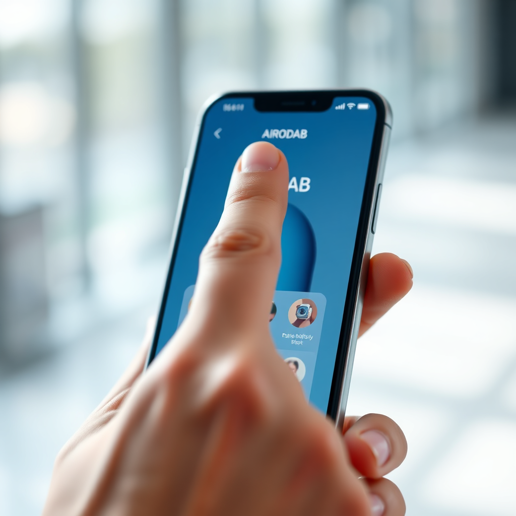A photorealistic image showing a finger effortlessly swiping through the AIRODAB app on a smartphone. The UI should be clean and modern, with smooth animations. The background is blurred, drawing focus to the ease of use. The lighting is bright and inviting. The overall style should be sleek and user-friendly.
