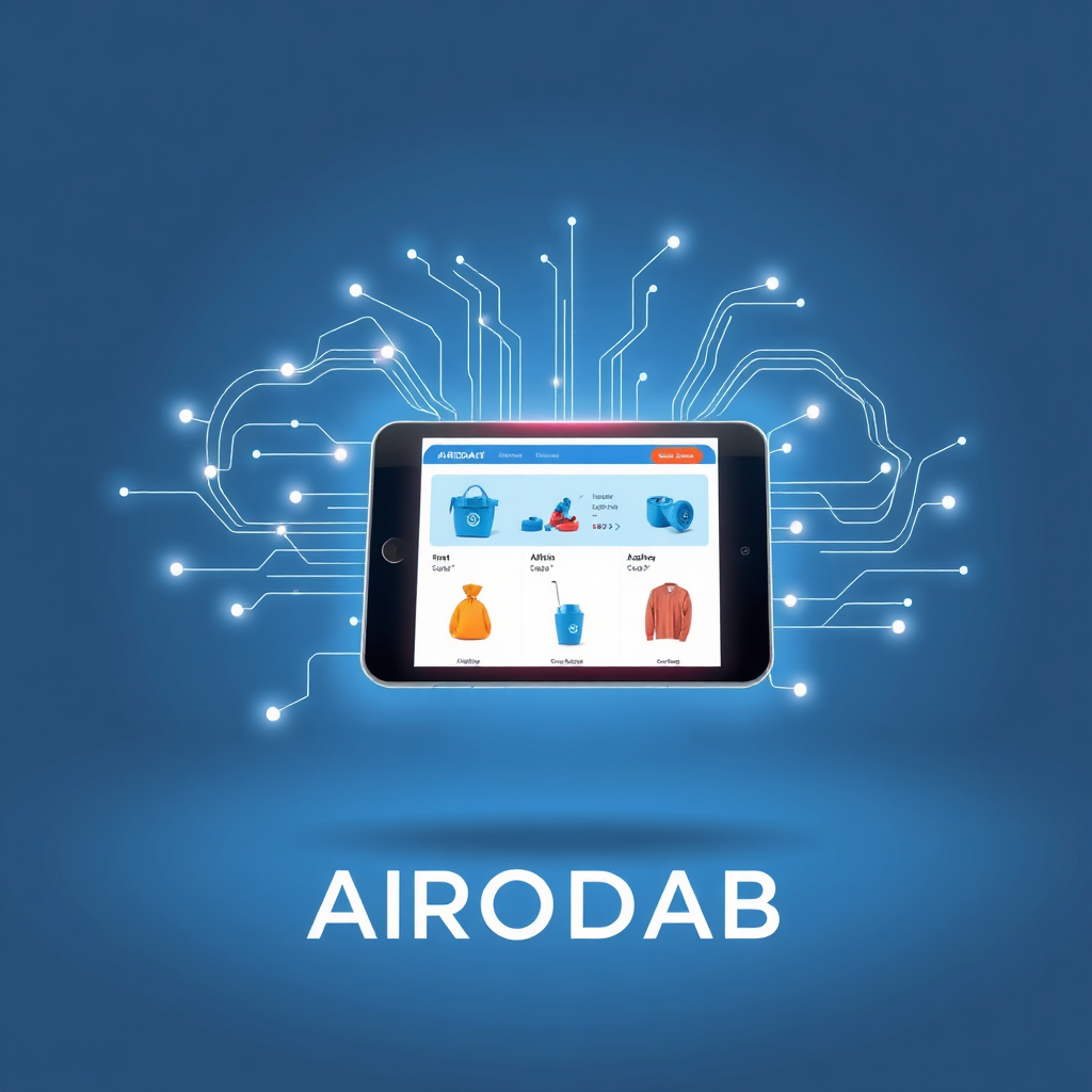 A stylized, 4K resolution image representing the AIRODAB online store. The composition should feature a central, glowing smartphone or tablet displaying a curated selection of products. Around the device, visualize flowing lines of data and light, symbolizing the ease and speed of online shopping. The color palette should be clean and modern, using shades of blue, white, and grey, with pops of vibrant accent colors to highlight key products. The camera angle should be slightly elevated, providing a clear view of the device and the surrounding digital elements. Add subtle texture to the background to give the image depth. The style should be modern and minimalist, inspired by contemporary tech branding and UI design. Aim for a clean, professional, and inviting aesthetic that conveys trust and convenience.
