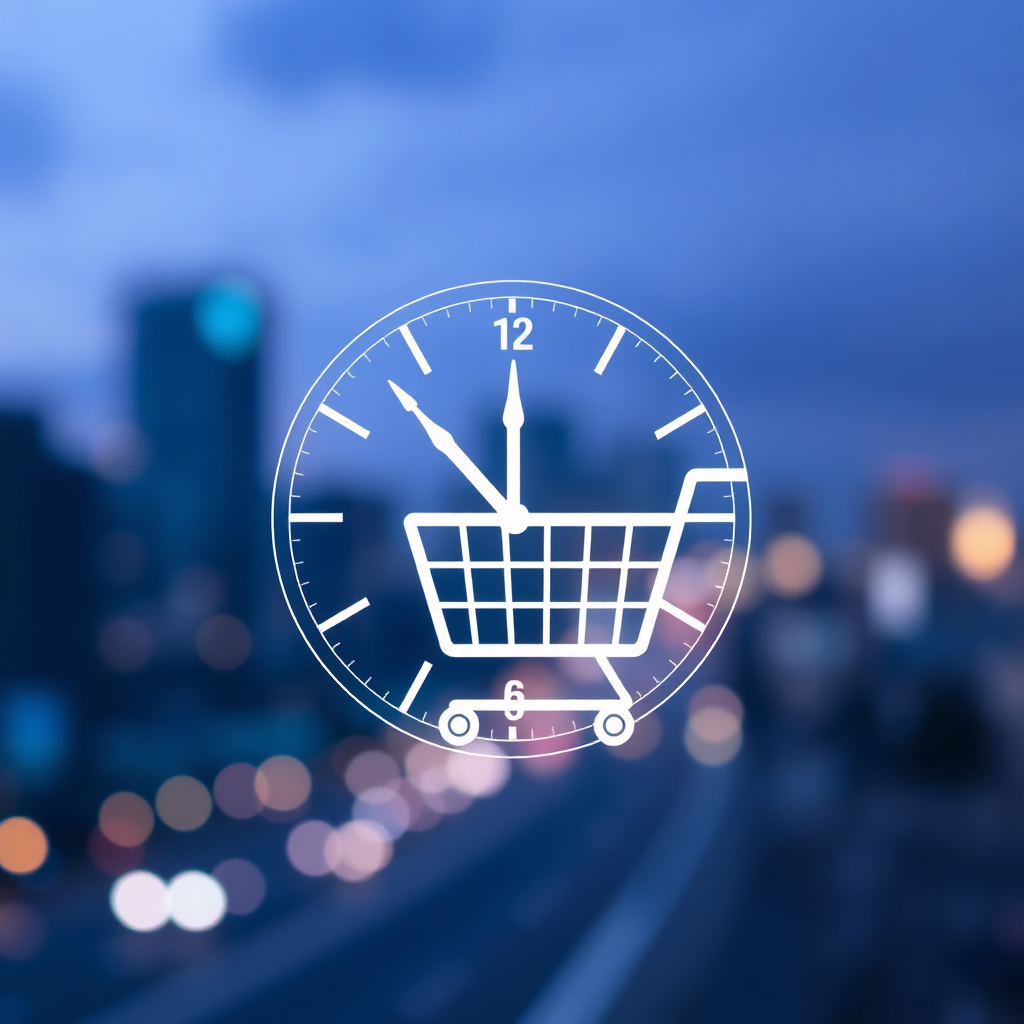  A stylized image depicting a clock face integrated into a digital shopping cart icon. The clock hands are replaced with flowing lines of data. The background features a softly blurred cityscape at night, lit by artificial lights. The color palette should be cool and calming, with shades of blue and purple dominating the scene. The camera angle should be slightly tilted, adding a sense of dynamism to the composition. The style should be modern and minimalist, emphasizing the concept of constant availability.