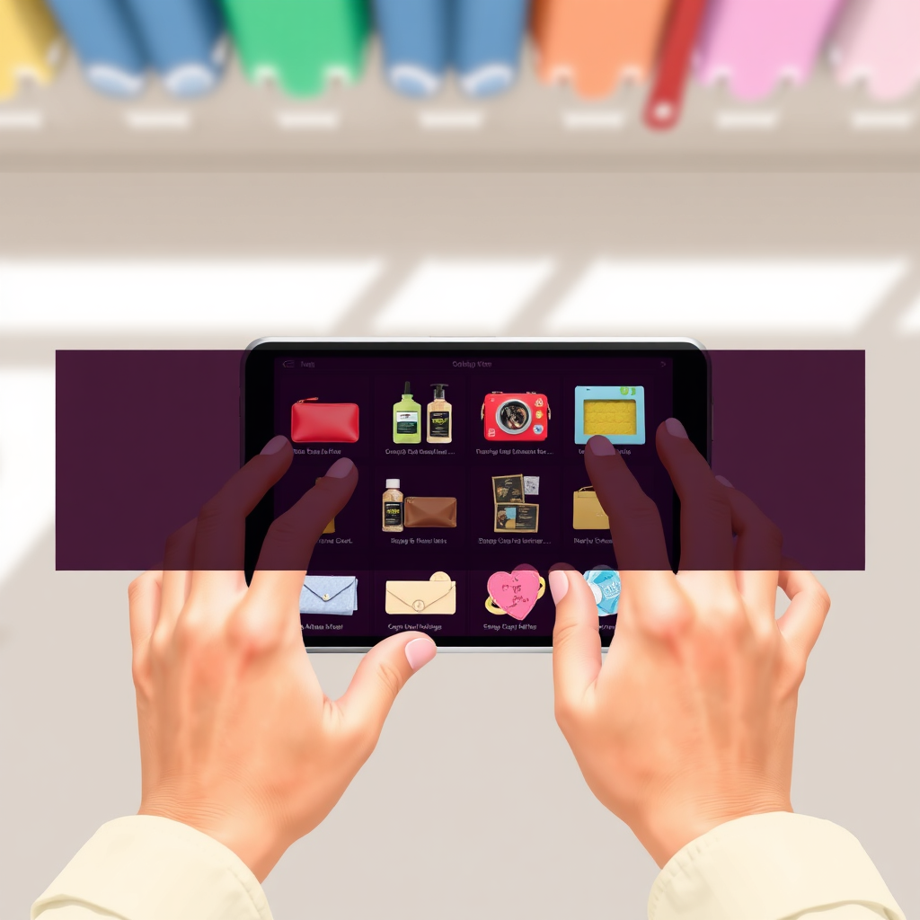 A stylized image depicting a pair of hands carefully selecting products from a virtual display of items on a tablet. Soft, diffused lighting highlights the products. The colors are vibrant but balanced, showcasing the diverse range of items. A slightly high-angle shot focuses on the selection process. The image conveys a sense of care and attention to detail.