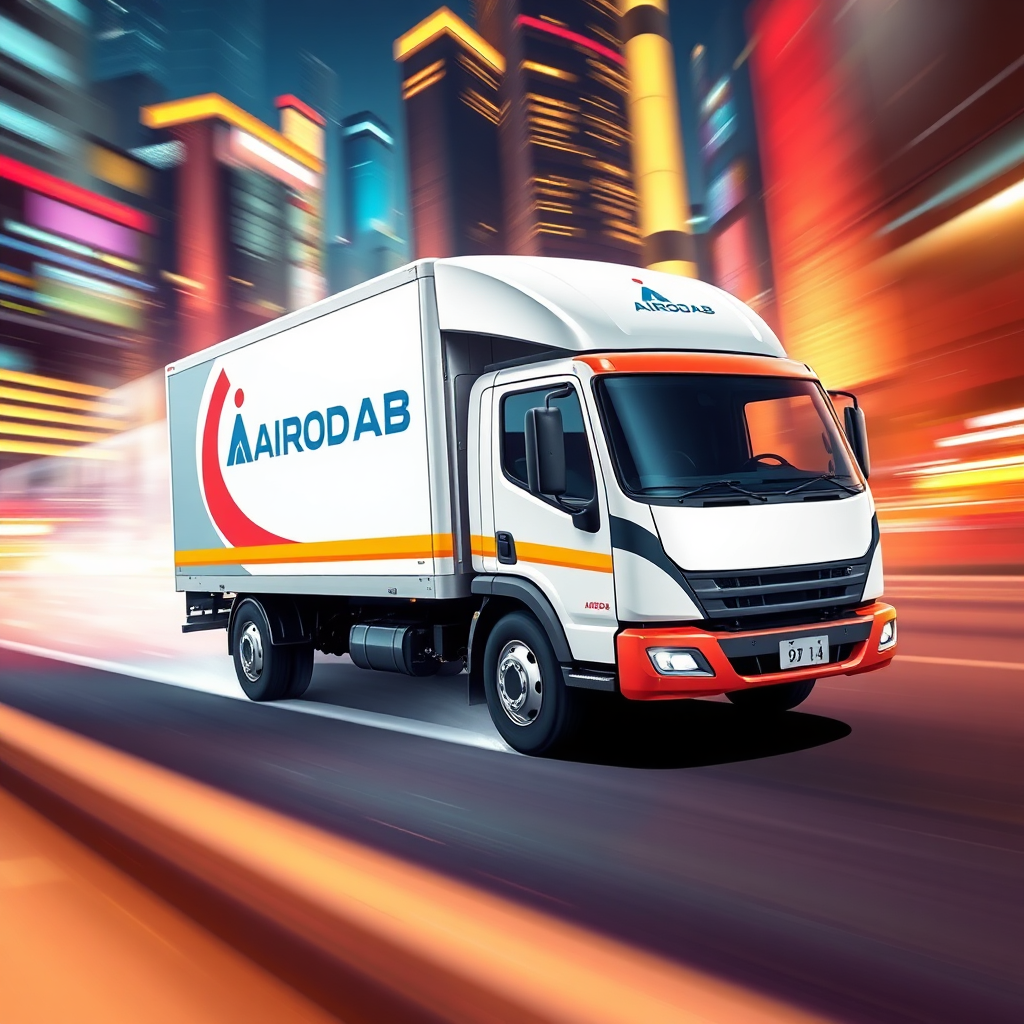 A stylized image of a delivery truck speeding through a futuristic cityscape. The truck has a sleek, modern design and is adorned with the AIRODAB logo. The background features vibrant lights and dynamic motion blur, conveying a sense of speed and efficiency. The color palette is bold and energetic.