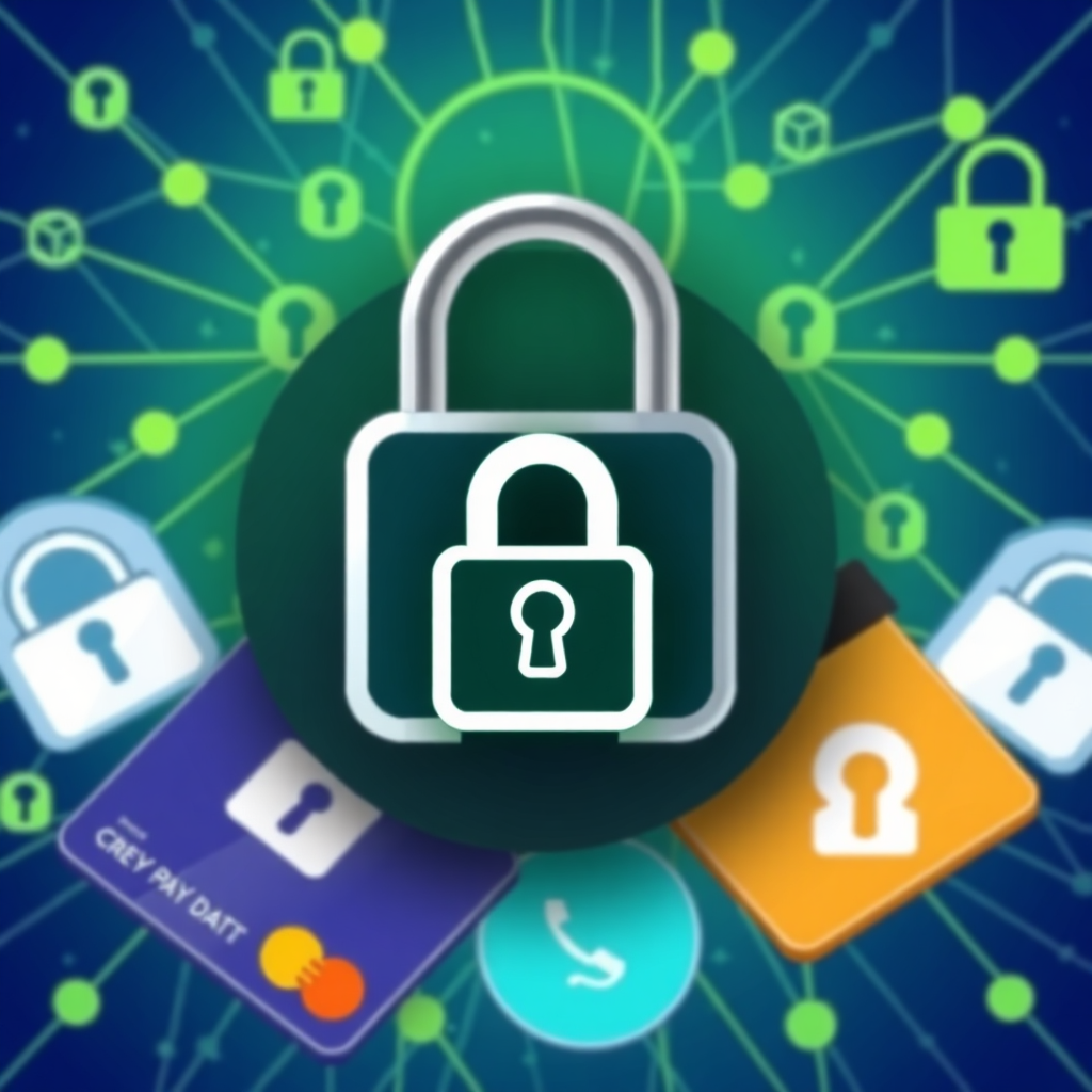 A stylized image of a digital lock icon overlayed on credit cards and mobile payment icons. The background uses secure network patterns, highlighting encrypted data flow. The colors are trustworthy blues and greens, and the composition emphasizes security.