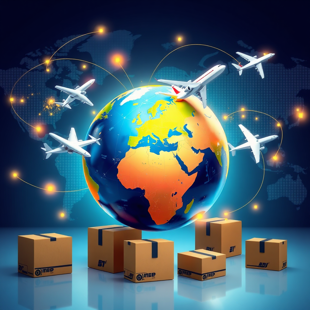 A stylized image of a globe surrounded by shipping boxes and airplanes. The background depicts a world map with glowing lines connecting various cities. The colors are vibrant and dynamic, reflecting the global reach of our shipping services. The image conveys a sense of efficiency and reliability.