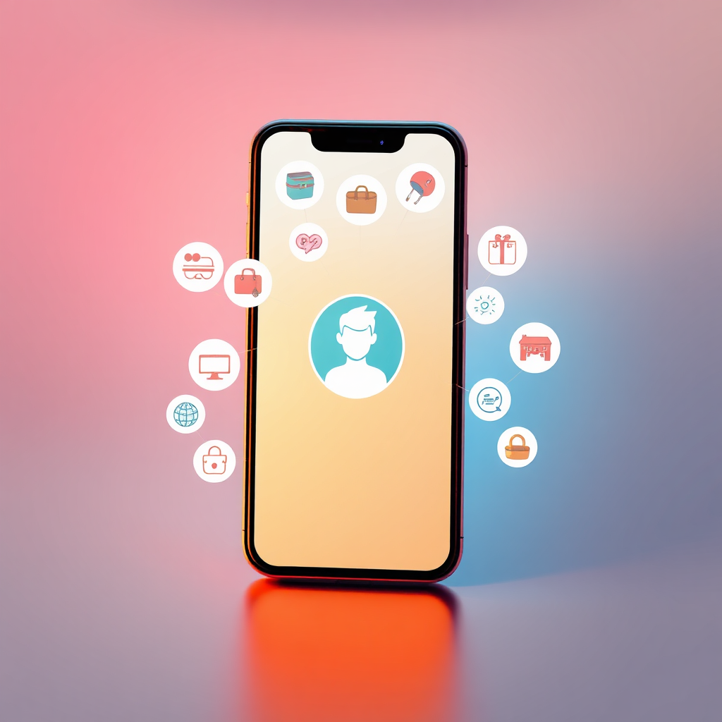 A stylized image of a smartphone displaying personalized product recommendations tailored to a user's profile. The user profile icon is prominent, with relevant product categories swirling around it. The lighting is soft and inviting. The color palette is warm and personalized, based on the user's preferences.