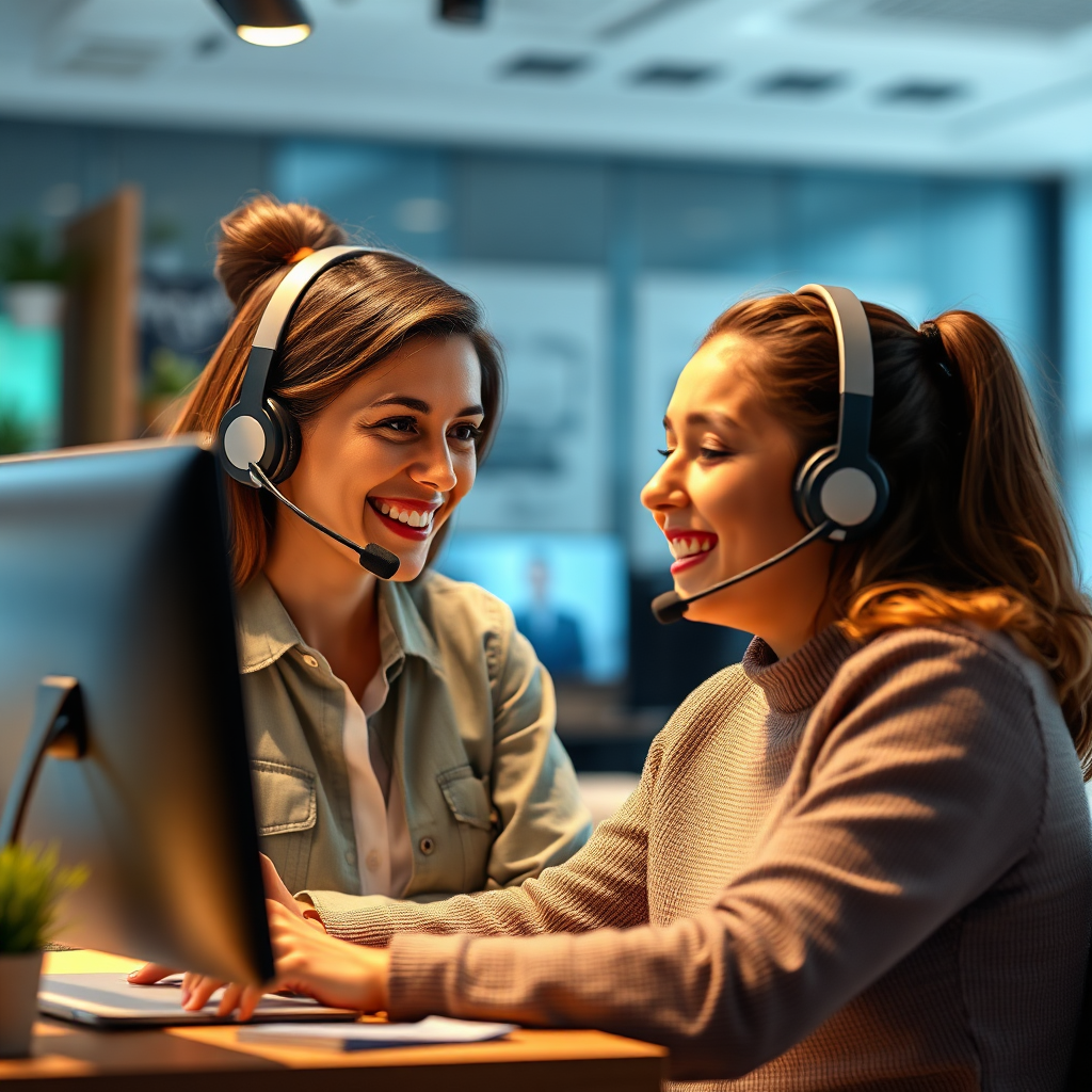  Create a photorealistic image featuring a friendly support agent assisting a customer via video call. The agent should be smiling and attentive, while the customer should appear relaxed and satisfied. Focus on conveying a sense of empathy and personalized service. Use warm, inviting lighting to create a comfortable atmosphere. The color palette should be bright and cheerful, with a mix of blues, greens, and yellows. Capture the scene from a medium distance to show both the agent and the customer. The environment should be a modern office or a cozy home setting.