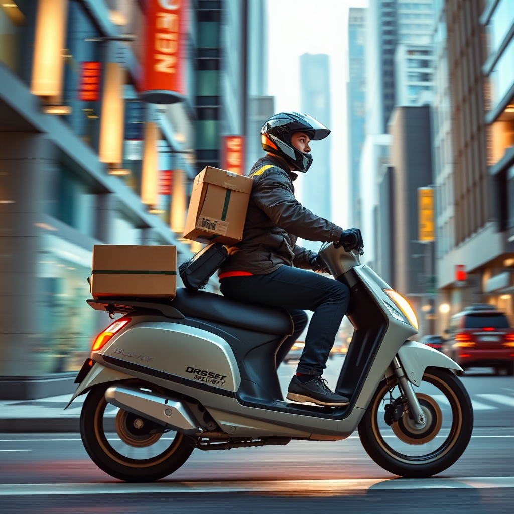 Create an image depicting a delivery driver efficiently delivering packages in a modern urban environment. Focus on conveying a sense of speed and reliability. Use dynamic lighting to highlight the movement of the delivery vehicle. The color palette should be energetic and modern. The environment should be a bustling city street with modern buildings and infrastructure.
