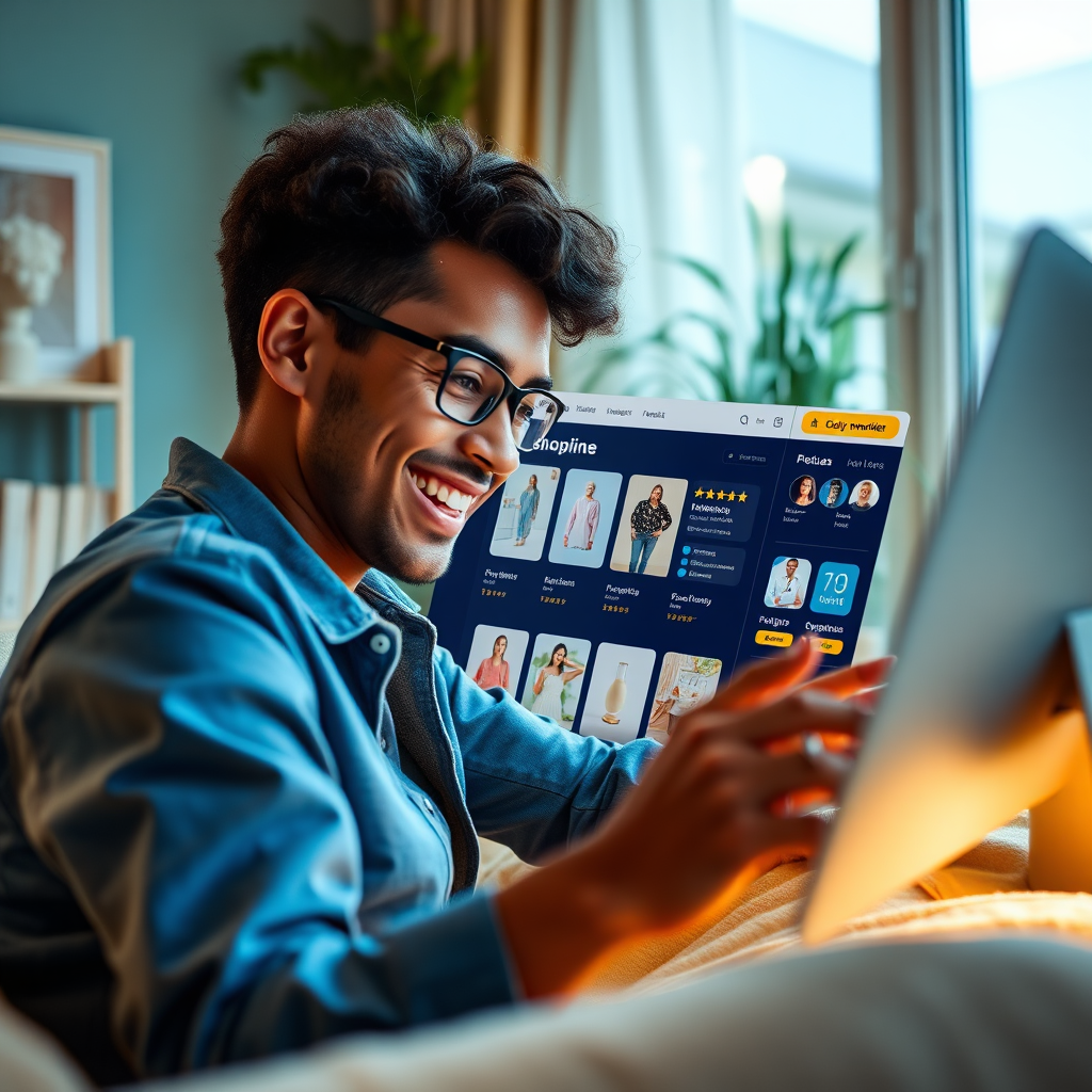 Create an image depicting a person happily shopping online with a seamless and user-friendly interface. Include elements such as product images, customer reviews, and secure payment options. Focus on conveying a sense of convenience and value. Use bright, cheerful lighting to create a positive atmosphere. The color palette should be modern and inviting, with a mix of blues, yellows, and greens. Capture the scene from a close-up angle to show the user's interaction with the online store. The environment should be a cozy home setting.