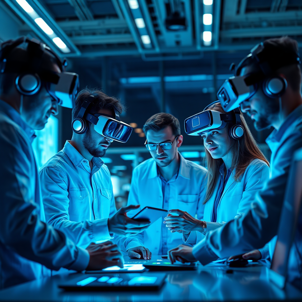 Create an image depicting a team of professionals collaborating on a project using cutting-edge technology. Include elements such as virtual reality headsets, interactive displays, and data visualizations. Focus on conveying a sense of innovation and collaboration. Use cool, futuristic lighting to create a high-tech atmosphere. The color palette should be modern and sleek, with a mix of blues, grays, and whites. Capture the scene from a medium distance to show the team's interaction and the technology in use. The environment should be a modern office or a research lab.