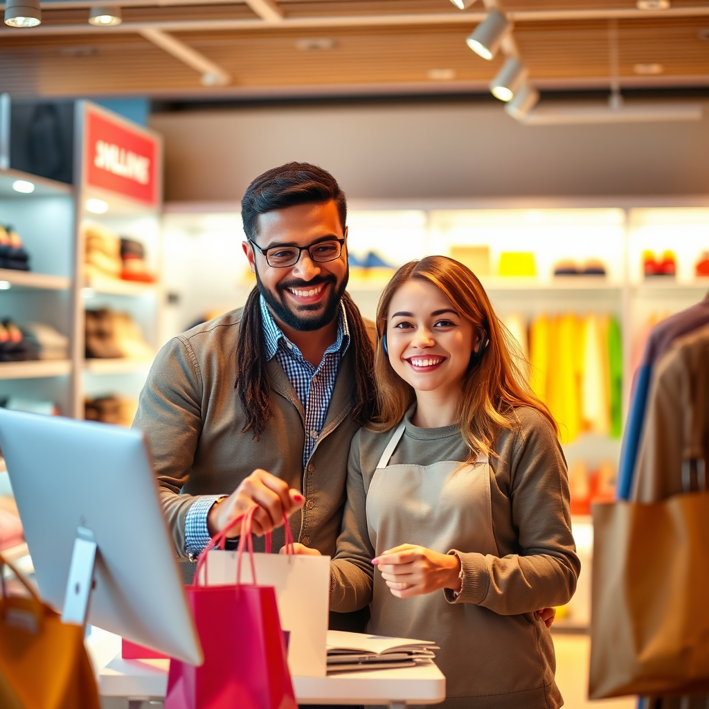 Create an image featuring a friendly shopping assistant guiding a customer through a virtual store. Focus on conveying a sense of personalized service and support. Use warm, inviting lighting to create a comfortable atmosphere. The color palette should be bright and cheerful. The environment should be a modern, stylized online store interface.