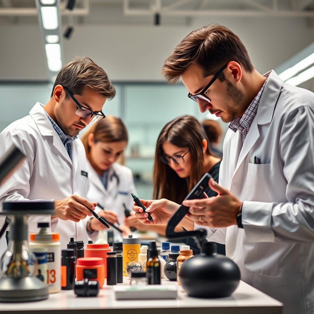Create an image showcasing a team of experts meticulously reviewing and selecting products. Focus on conveying a sense of expertise and quality control. Use professional lighting to highlight the details of the products being examined. The color palette should be clean and modern. The environment should be a modern, well-equipped product testing lab or office.