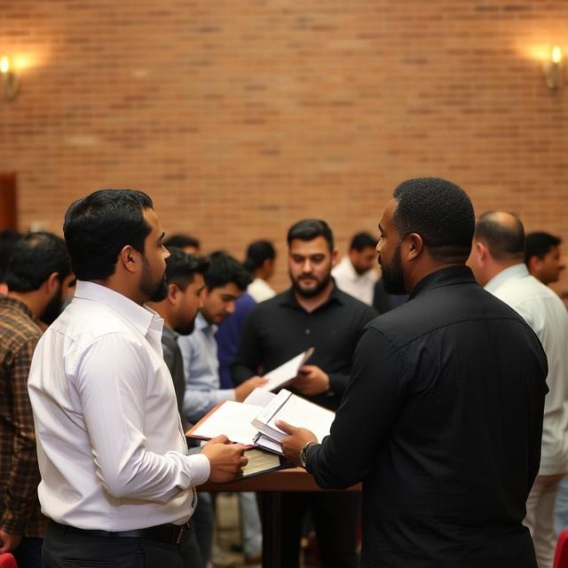 A photorealistic image depicting several different career settings: a pastor leading a congregation, a missionary working in a foreign country, and a teacher instructing a class. The image represents the diverse career paths available to Bible college graduates. Lighting is natural and uplifting. Camera angle: wide shot, showcasing the variety of settings. Style inspiration: Documentary photography with a focus on human connection. 4K resolution.