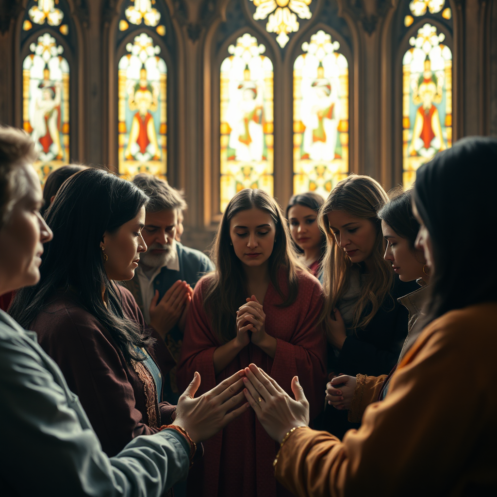 A photorealistic image depicting a group of people praying together in a circle. Their hands are clasped and their faces are serene. Soft, warm light filters through stained-glass windows, creating a peaceful atmosphere. The image represents the power of prayer and the importance of community. Camera angle: medium shot, capturing the faces and hands of the individuals. Style inspiration: Renaissance painting with a focus on emotional expression. 4K resolution.