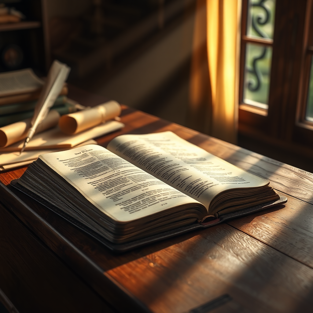 A photorealistic image featuring an open, leather-bound Bible resting on a wooden table. Sunlight streams through a nearby window, illuminating the sacred text. Include subtle details like a quill pen and parchment scrolls in the background. The image should evoke a sense of reverence and scholarly pursuit. 4K resolution, focus on textures and lighting.
