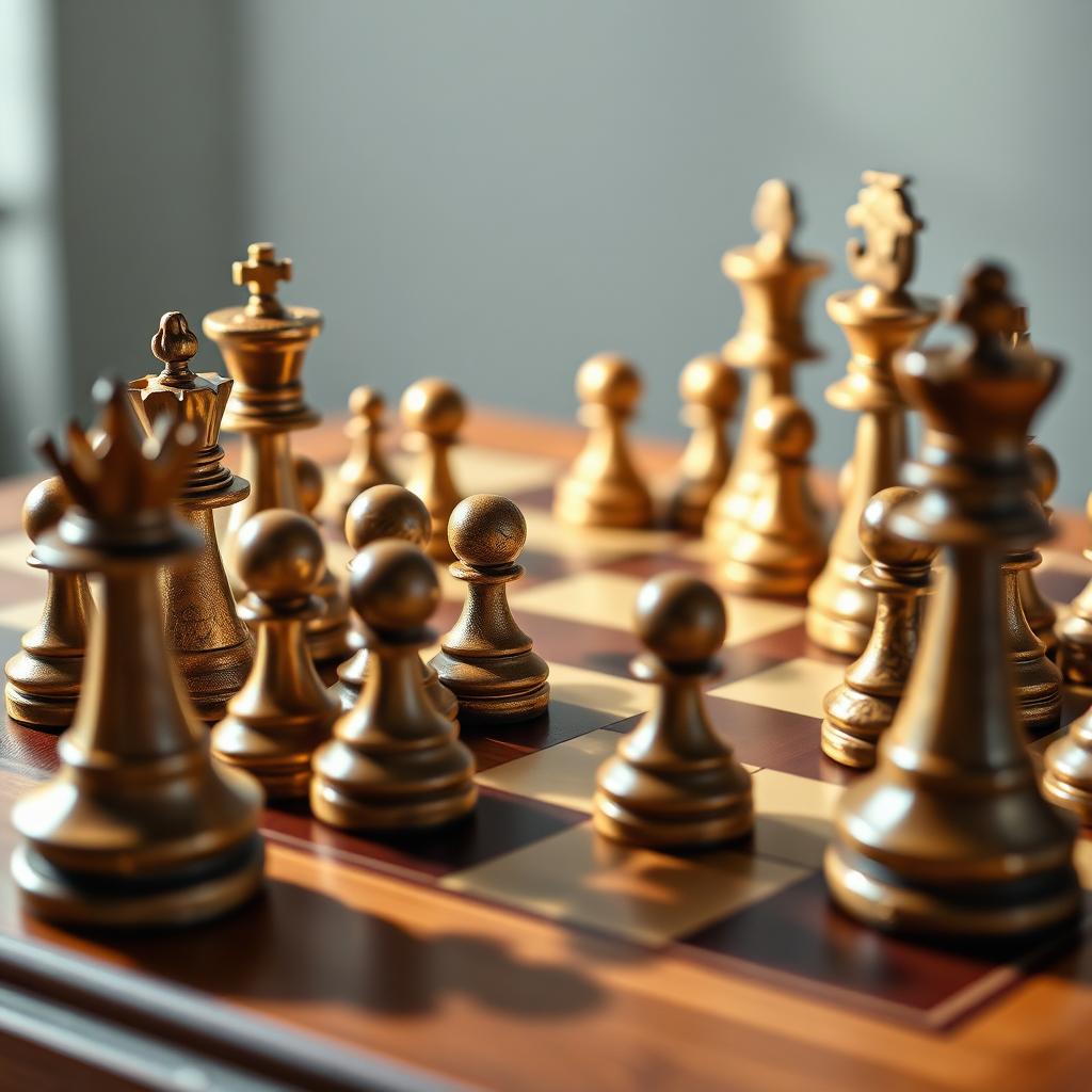 A photorealistic image of a chess board with pieces arranged in a complex strategic formation. The board is made of polished wood and the pieces are intricately carved. Soft lighting highlights the textures and shadows. The image represents strategic thinking and intellectual challenge. Camera angle: close-up shot, focusing on the chessboard and pieces. Style inspiration: Classic still life photography. 4K resolution.