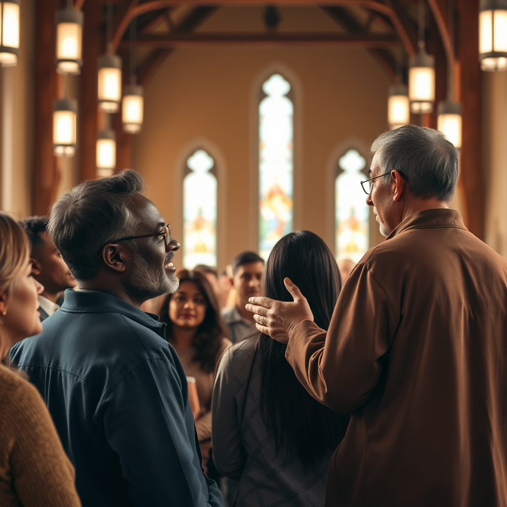 A photorealistic image of a diverse group of people listening attentively to a pastor delivering a sermon. The setting is a warm and inviting church interior. The image should convey a sense of community and spiritual guidance. 4K resolution, focus on capturing emotional expressions.