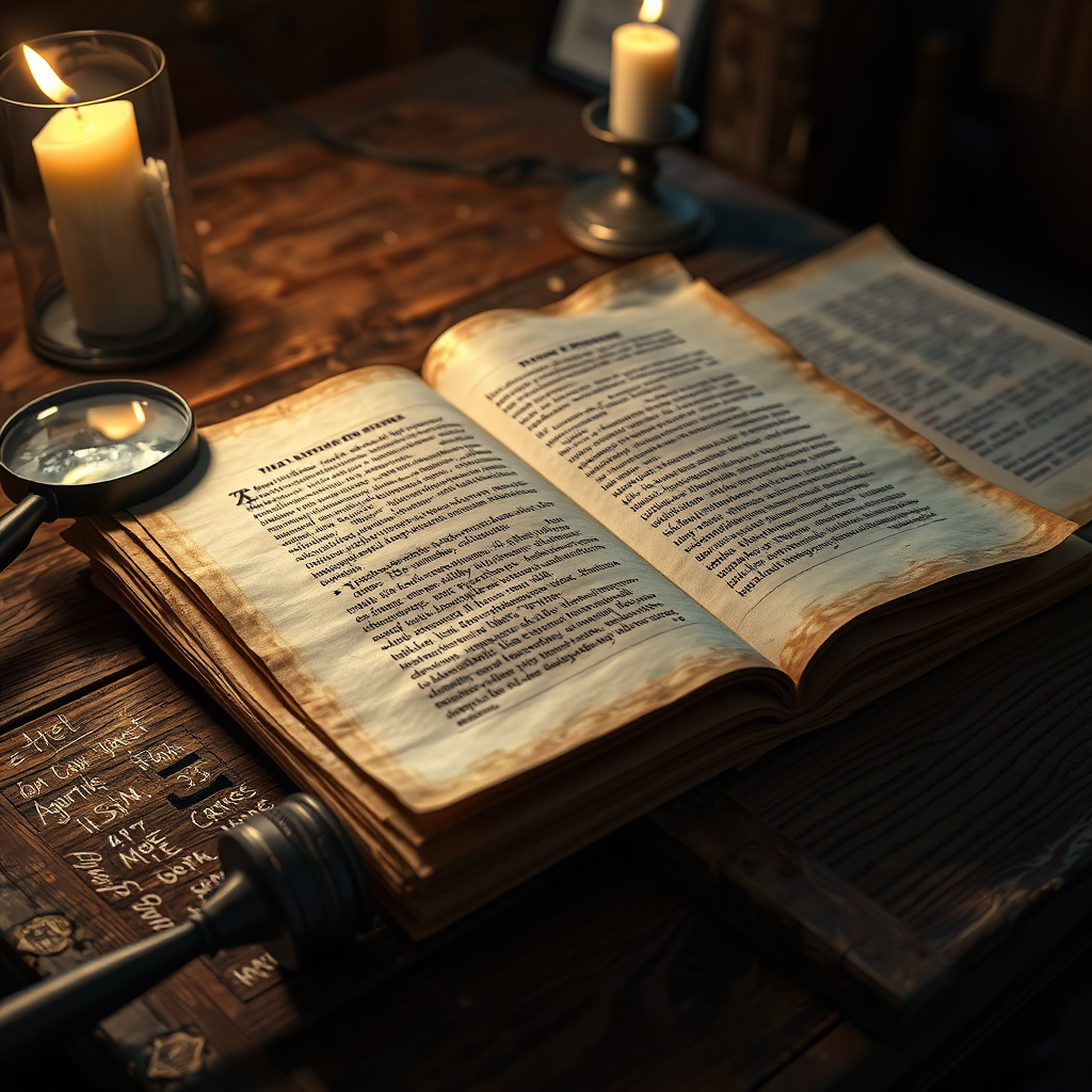 A photorealistic image of an open ancient scroll, revealing Hebrew or Greek text, gently illuminated by candlelight. The scroll rests on a weathered wooden table beside a magnifying glass and scholarly annotations. The scene conveys a sense of discovery and deep historical study. Focus on intricate details of the scroll's texture and the ancient script. Lighting is soft and warm, creating an atmosphere of reverence and learning. Camera angle: close-up shot, emphasizing the texture and detail. Style inspiration: Rembrandt's chiaroscuro lighting. 4K resolution.