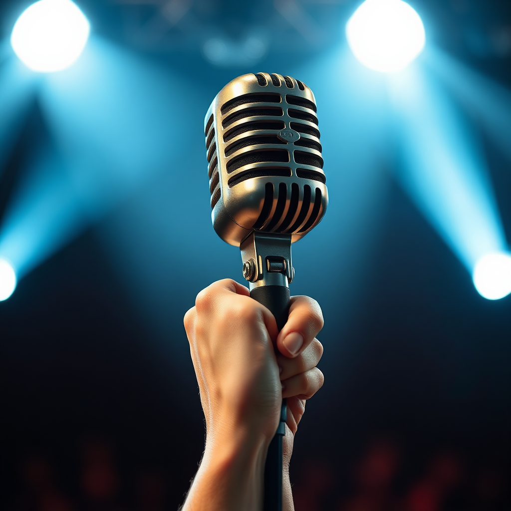 Create a photorealistic image of a hand holding a vintage microphone in a spotlight. The background is blurred, suggesting a stage or public speaking venue. The image symbolizes the power of communication and the importance of articulation. Lighting is dramatic and focused. Camera angle: medium shot, emphasizing the microphone and the hand. Style inspiration: Film noir aesthetics. 4K resolution.