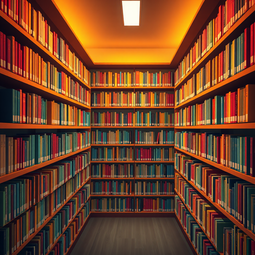 Create a stylized image representing a library with multiple shelves filled with books. Each book is a different color and represents a different course of study. The image symbolizes the breadth and depth of knowledge available. Lighting is warm and inviting. Camera angle: medium shot, showcasing the variety of books and shelves. Style inspiration: Abstract art with a focus on color and composition. 4K resolution.