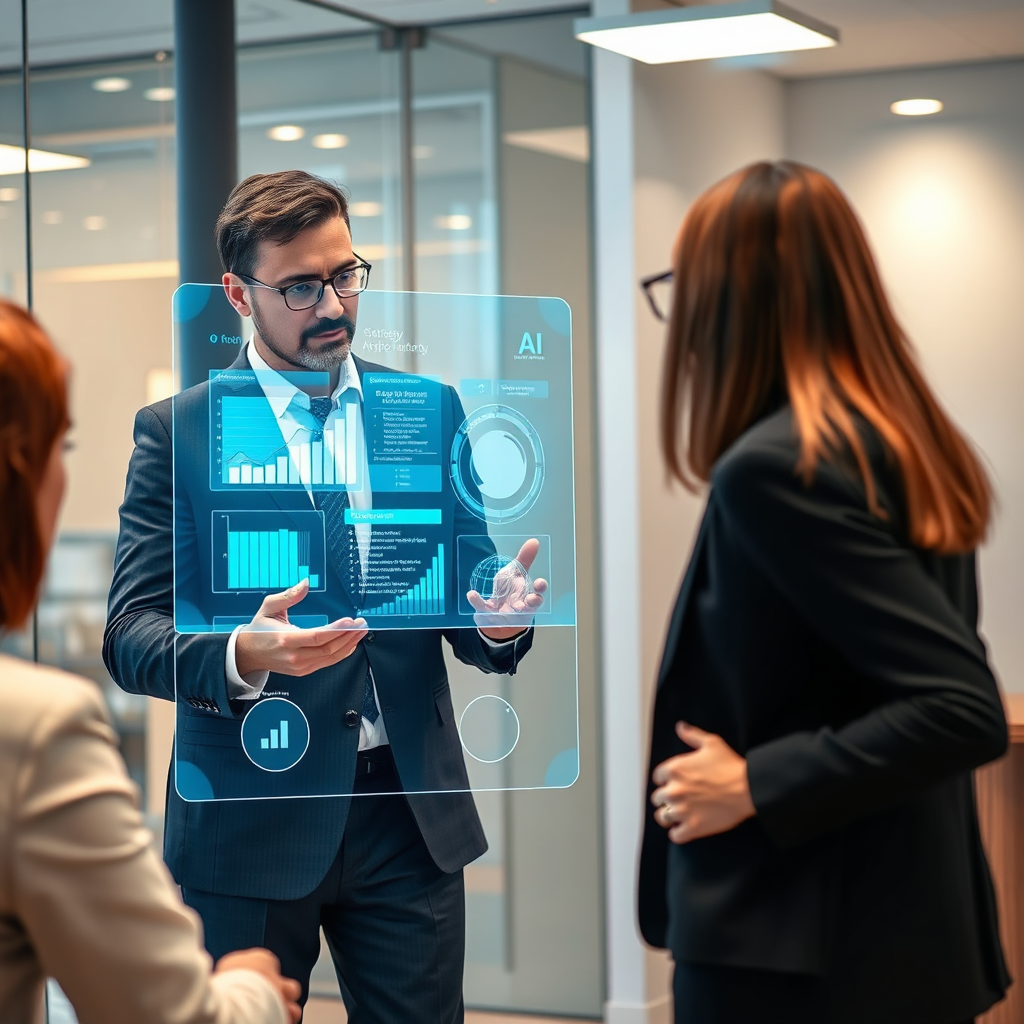 A business consultant advising a client on AI strategy, pointing to a holographic display showing data analysis and insights. The environment is a modern office space, with a focus on professionalism and expertise. The colors should be sophisticated and trustworthy, emphasizing the value of AI consulting.