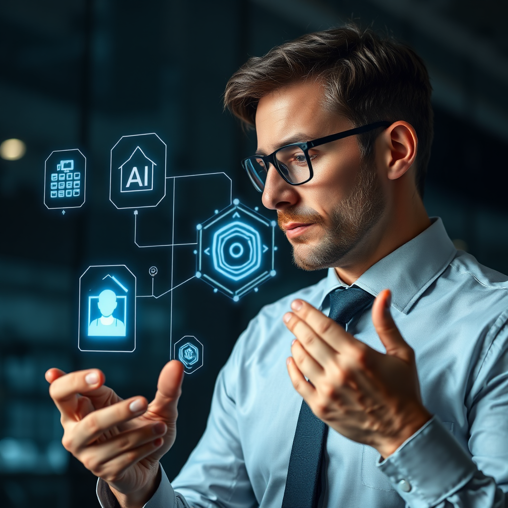 A business executive carefully evaluating different AI solutions on a holographic display. The scene is thoughtful and strategic, emphasizing the importance of informed decision-making.