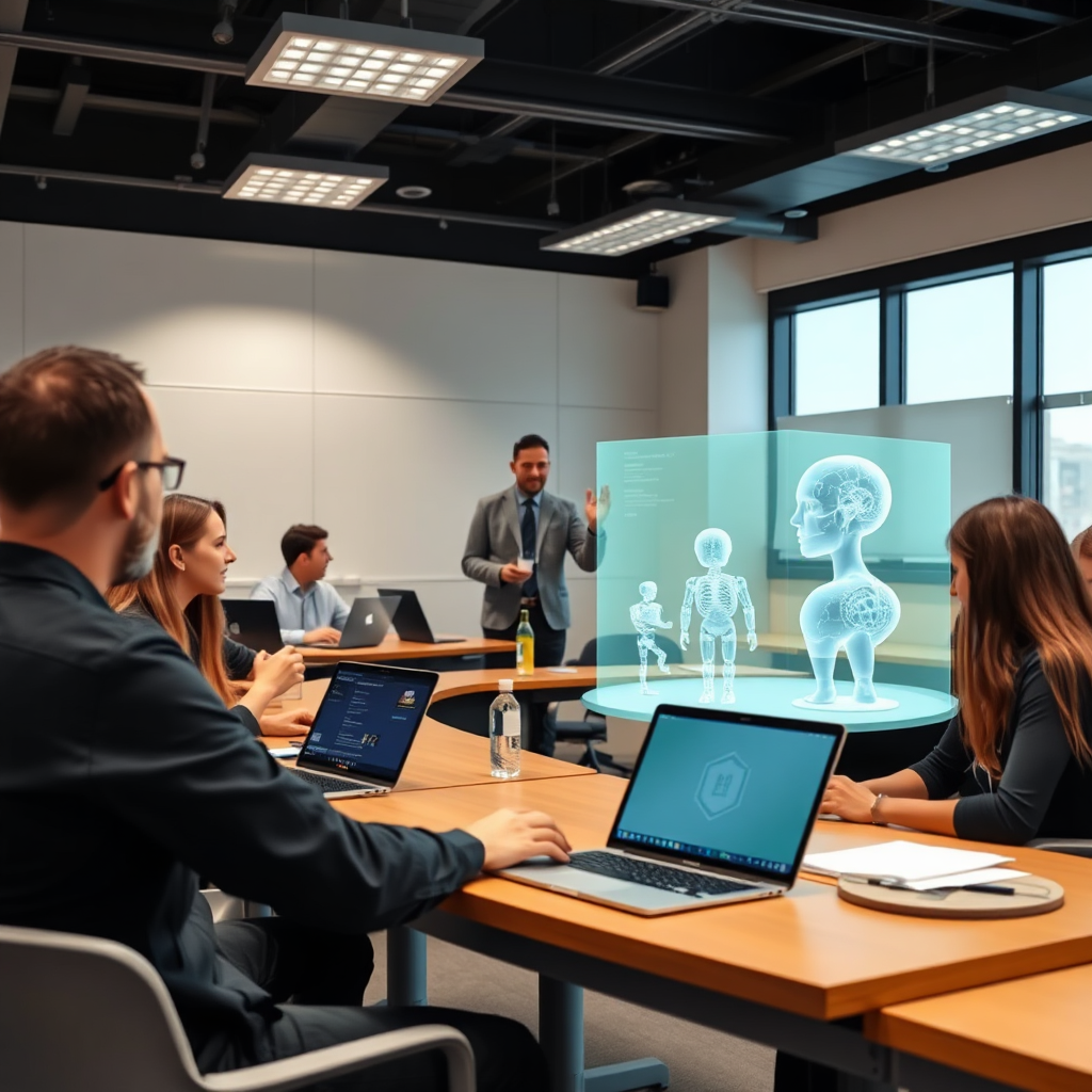 A classroom setting with an instructor leading an AI training session. The students are engaged and attentive, working on laptops and interacting with holographic models. The environment is bright and modern, with a focus on learning and collaboration. The colors should be warm and inviting, emphasizing the human aspect of AI education.