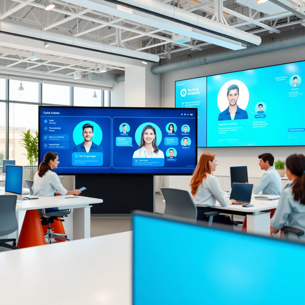 A clean, modern office environment where AI-powered virtual assistants are displayed on large interactive screens, assisting employees with various tasks. The focus is on collaboration and productivity, with a bright and airy atmosphere.