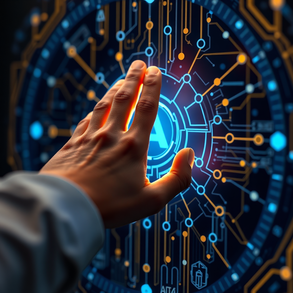 A close-up shot of a human hand interacting with a holographic display showing complex AI algorithms. The hand is subtly glowing, symbolizing the power of mastering AI. The color scheme should be primarily gold and electric blue, with subtle accents of white. The style should be sophisticated and elegant, emphasizing the achievement of AI mastery.