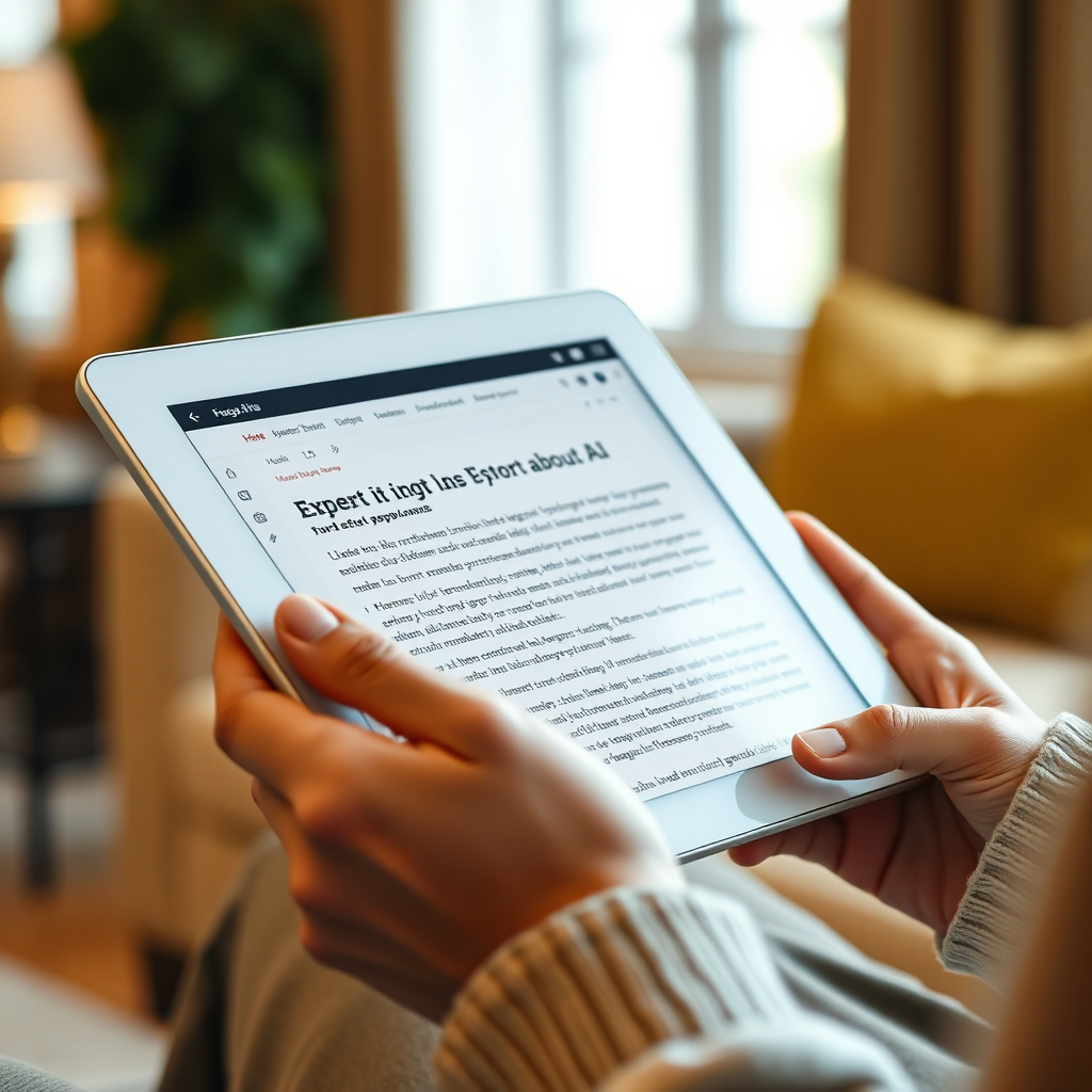 A close-up shot of a person reading a blog post about AI on a tablet. The tablet should be held in a comfortable and natural position, with the screen displaying an engaging article about AI. The environment should be warm and inviting, with soft lighting and comfortable furniture. The style should be relaxed and informative, emphasizing the value of expert opinions.