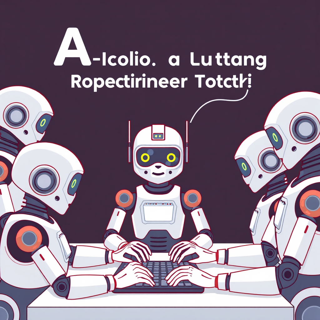 A collection of AI bots working in unison to automate a repetitive task, such as data entry or customer support. The scene is efficient and well-coordinated, emphasizing the benefits of automation.