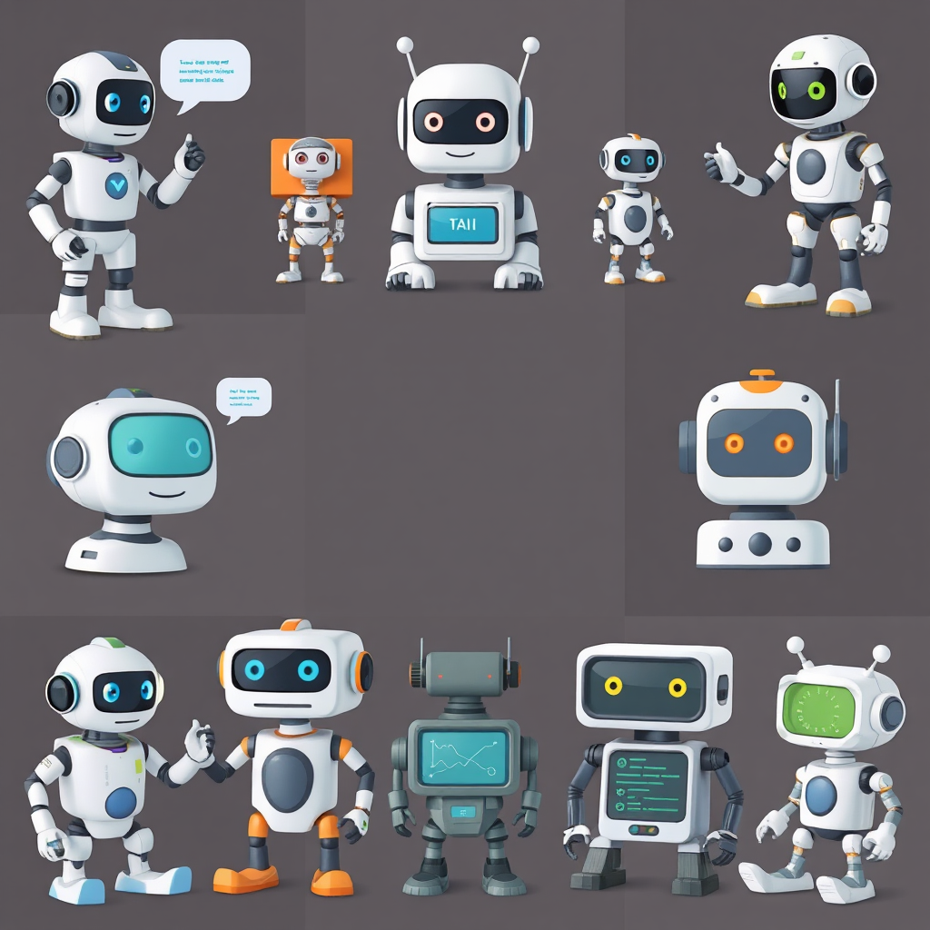 A collection of various AI bots, each designed for a specific task. Examples include a customer service chatbot, a logistics bot, and a data analysis bot. The scene is diverse and showcases the versatility of AI.