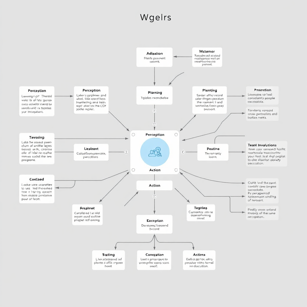 A detailed schematic diagram of an AI agent's internal architecture, highlighting key modules such as perception, planning, and action. The diagram is clean and informative, with a futuristic aesthetic.
